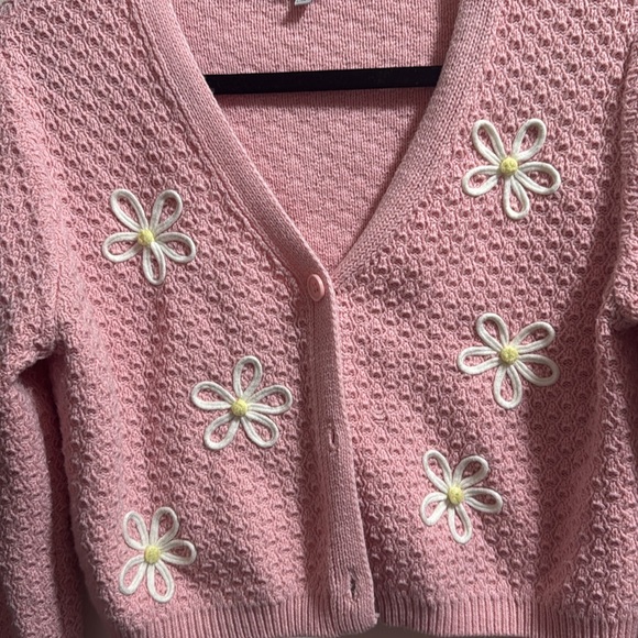 Willow & Wind Pink Daisy Embroidered Cropped Cardigan, Size L - Picture 3 of 4